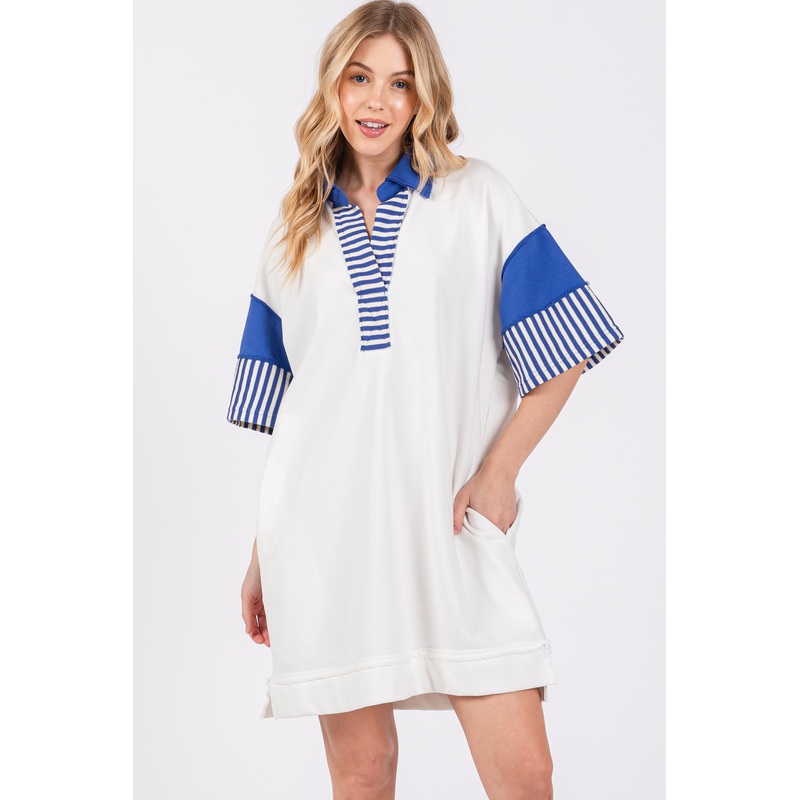 White Striped Color Block Collared Terry Dress