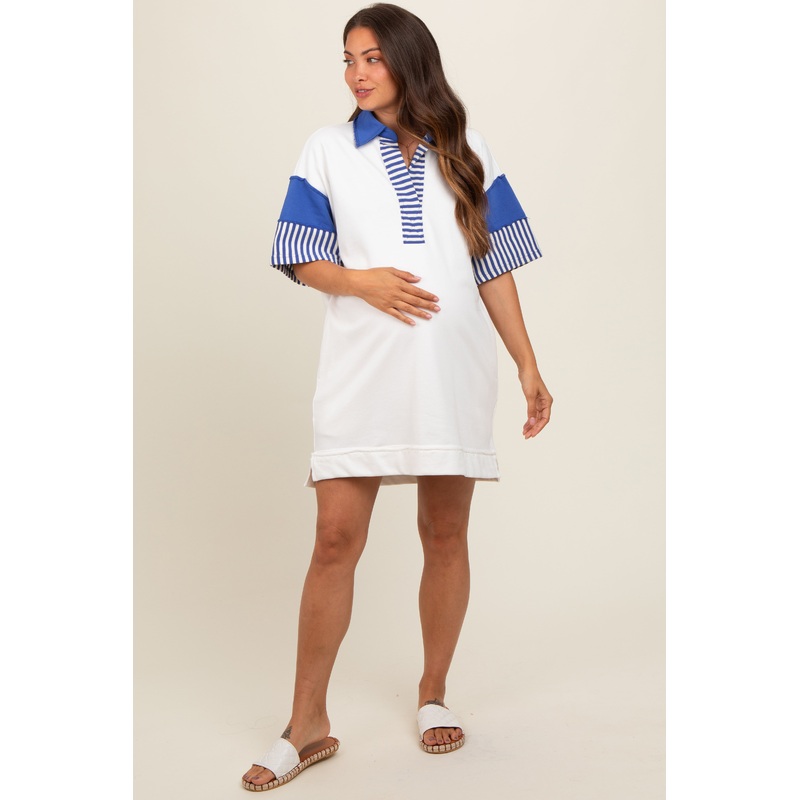 White Striped Color Block Collared Terry Maternity Dress