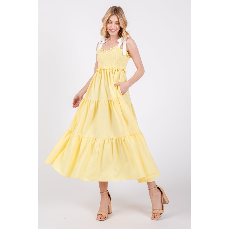 Yellow Sleeveless Tiered Colorblock Strap Maxi Dress