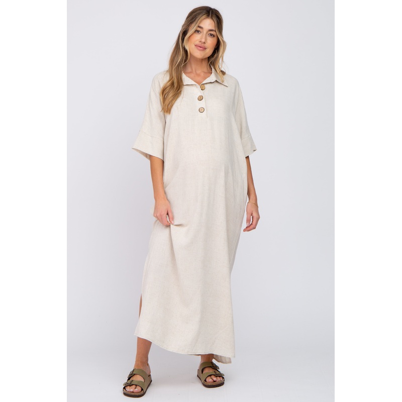 Beige Collared Linen Maternity Maxi Dress