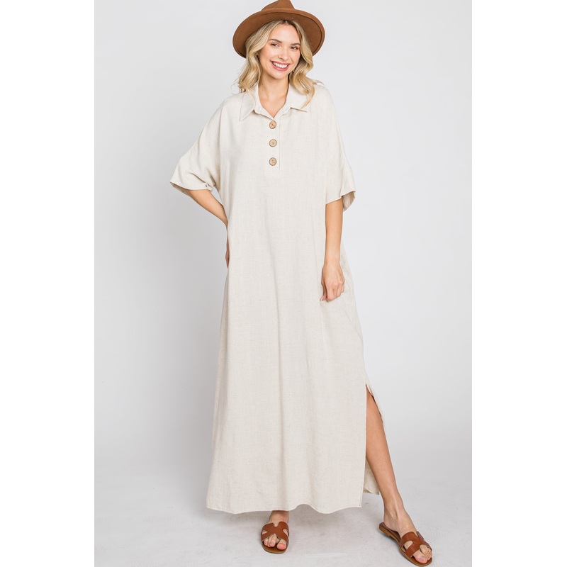 Beige Collared Linen Maxi Dress