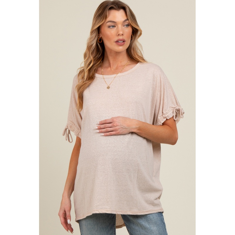 Beige Drawstring Dolman Sleeve Maternity Top