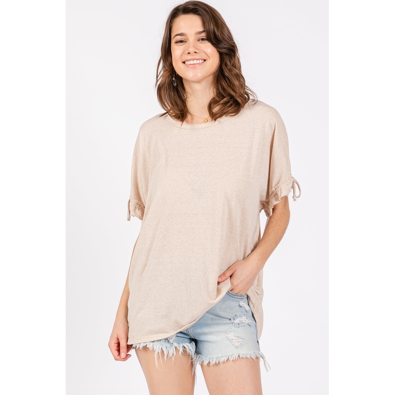 Beige Drawstring Dolman Sleeve Top