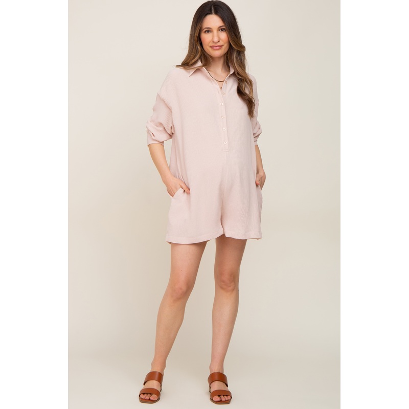 Beige Long Sleeve Button Down Maternity Romper