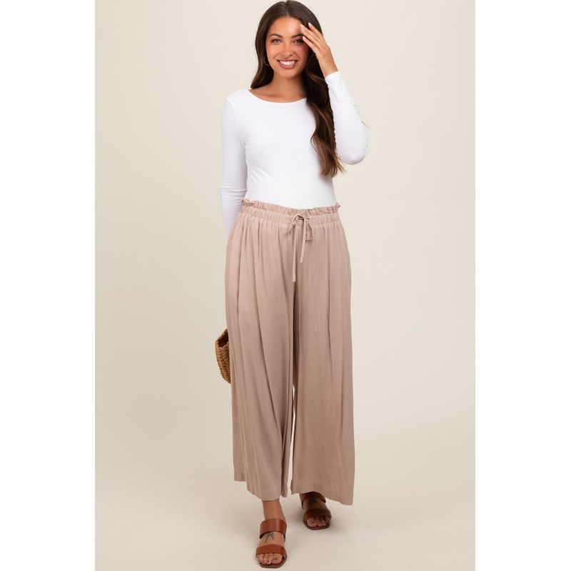 Beige Pleated Elastic Waist Wide Leg Crop Maternity Pants