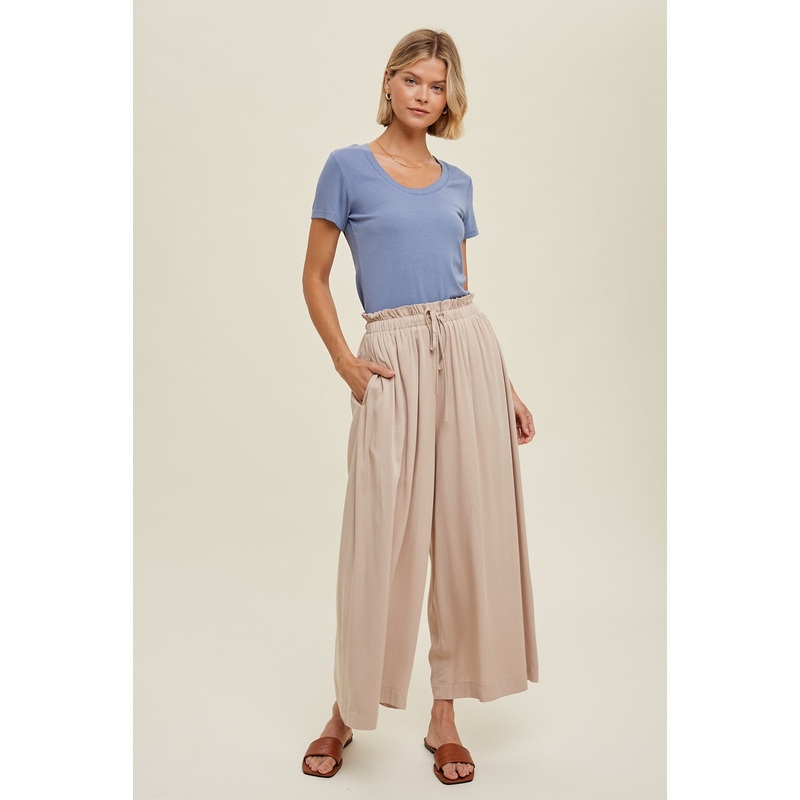 Beige Pleated Elastic Waist Wide Leg Crop Pants