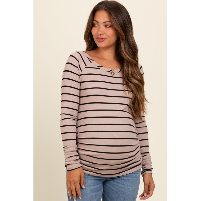 Beige Striped Ruched Side Maternity Long Sleeve Top