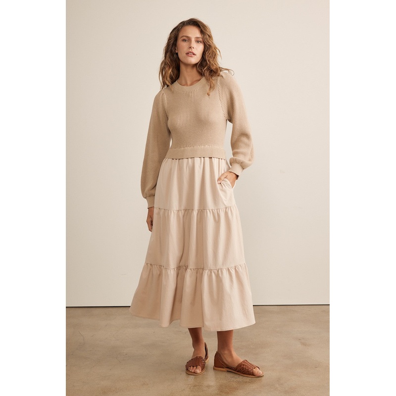 Beige Sweater Top Tiered Midi Dress