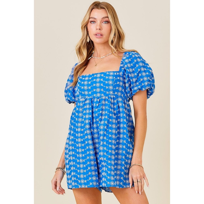 Blue Embroidered Floral Romper