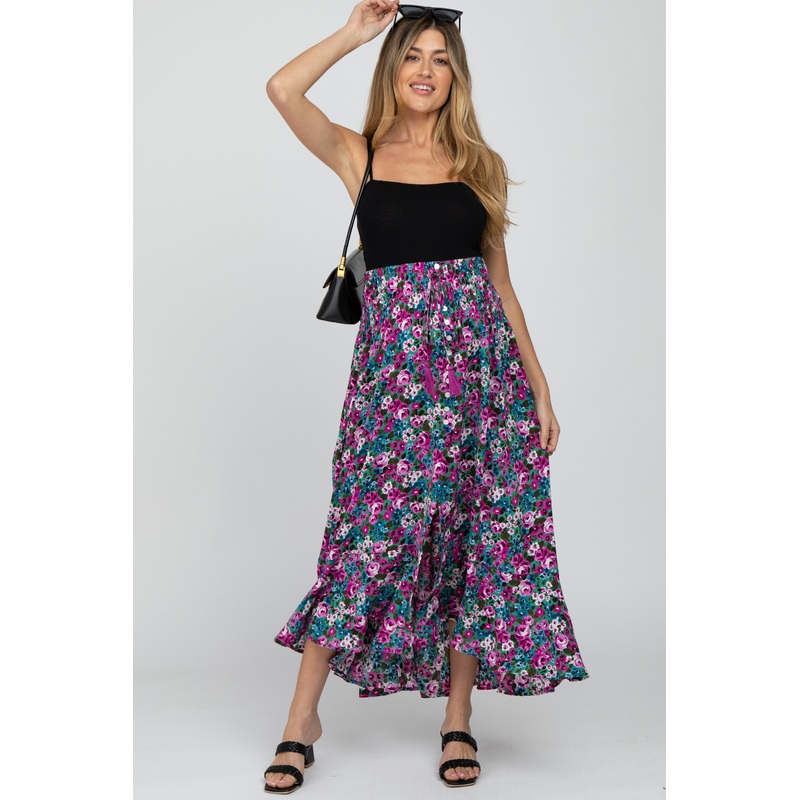Fuchsia Floral Hi-Low Button Front Maternity Skirt