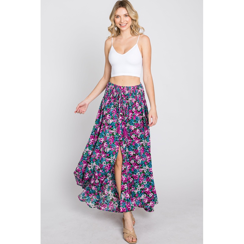 Fuchsia Floral Hi-Low Button Front Skirt