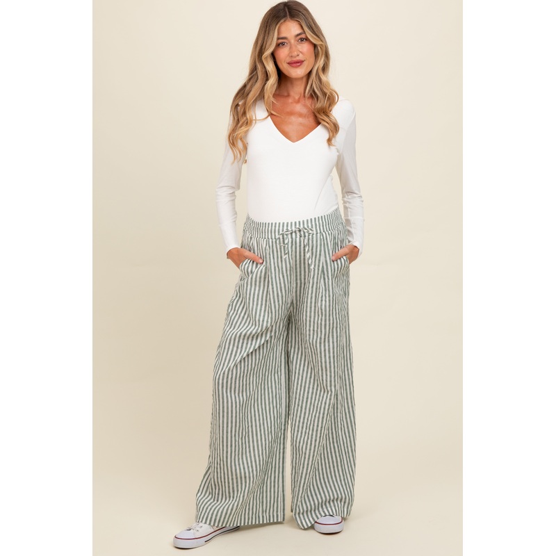 Light Olive Striped Wide Leg Maternity Pants