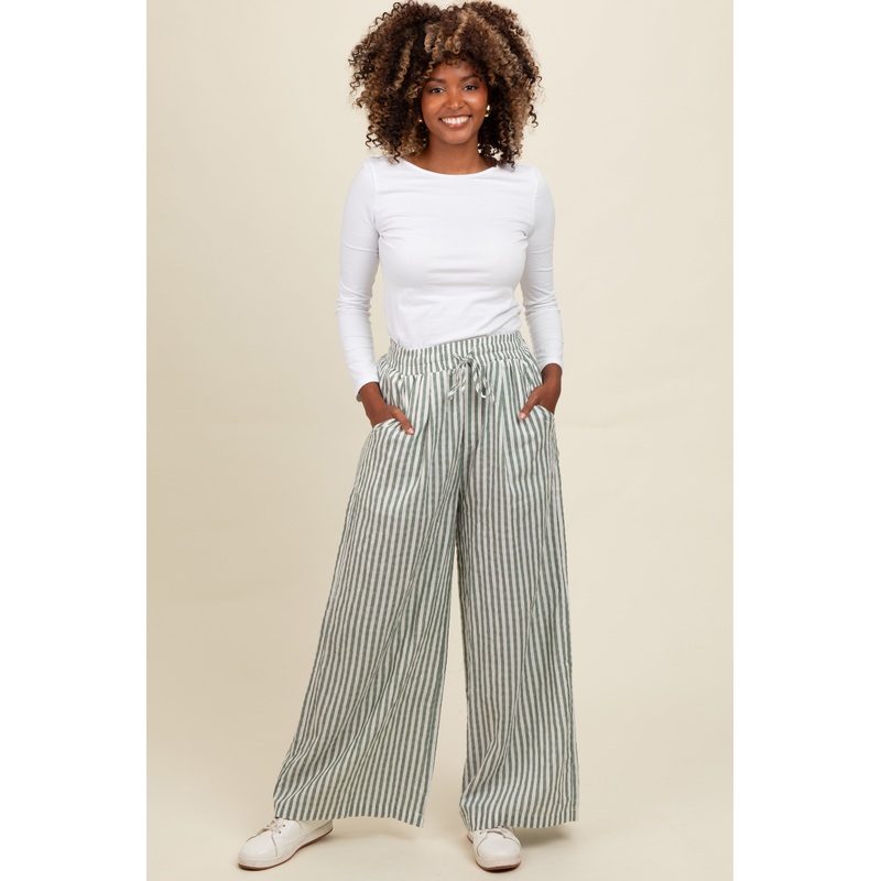 Light Olive Striped Wide Leg Pants