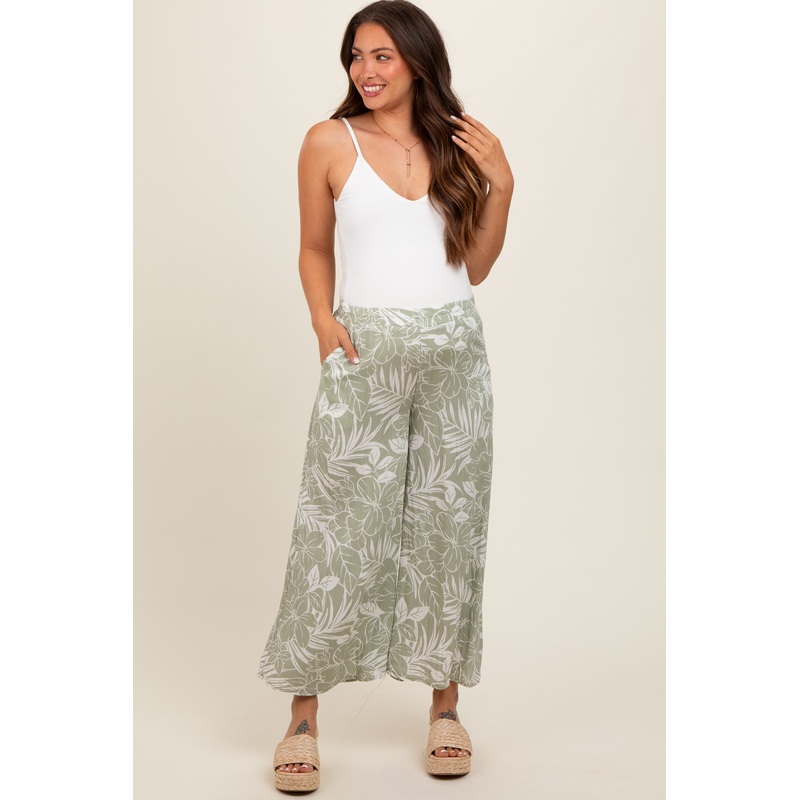 Light Olive Tropical Wide Leg Maternity Pants