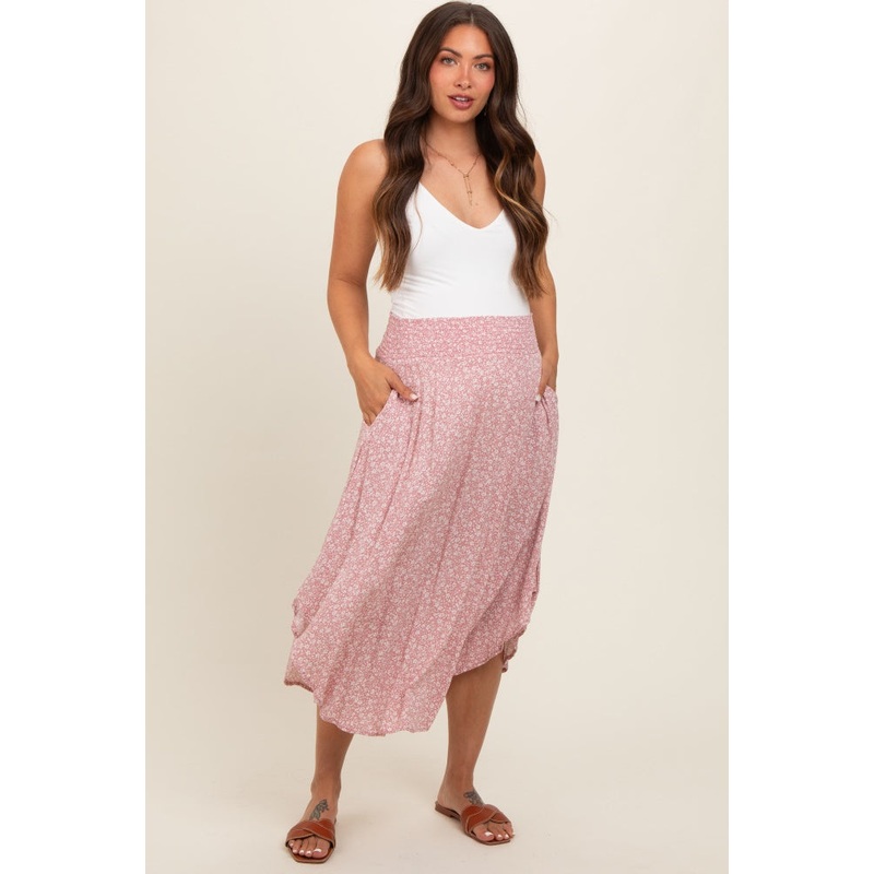 Mauve Floral Smocked Waist Maternity Skirt