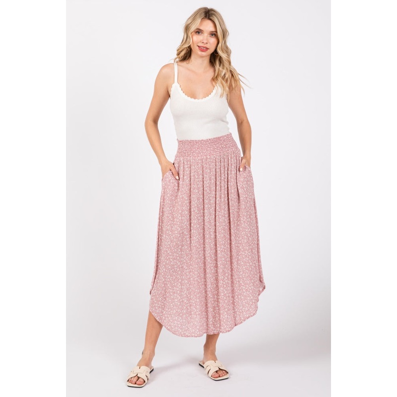 Mauve Floral Smocked Waist Skirt