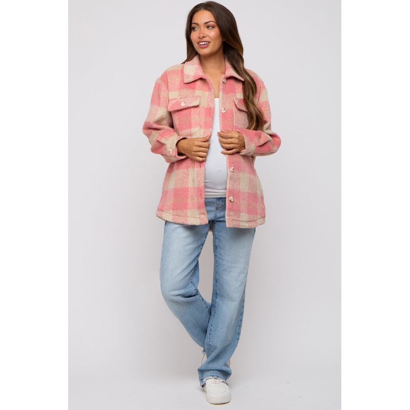 Mauve Plaid Fuzzy Button Up Maternity Jacket