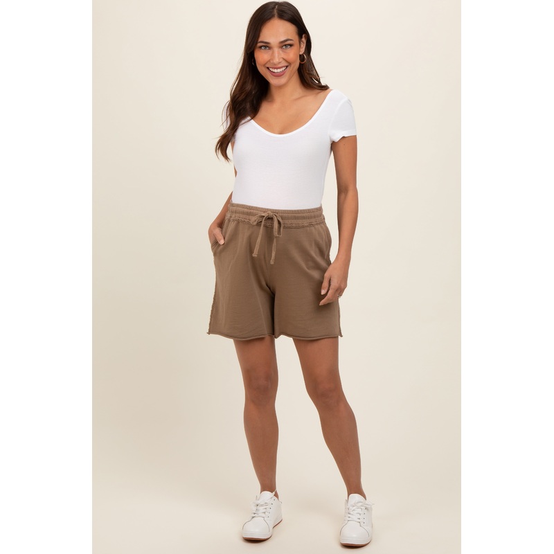 Mocha Raw Hem Maternity Drawstring Shorts