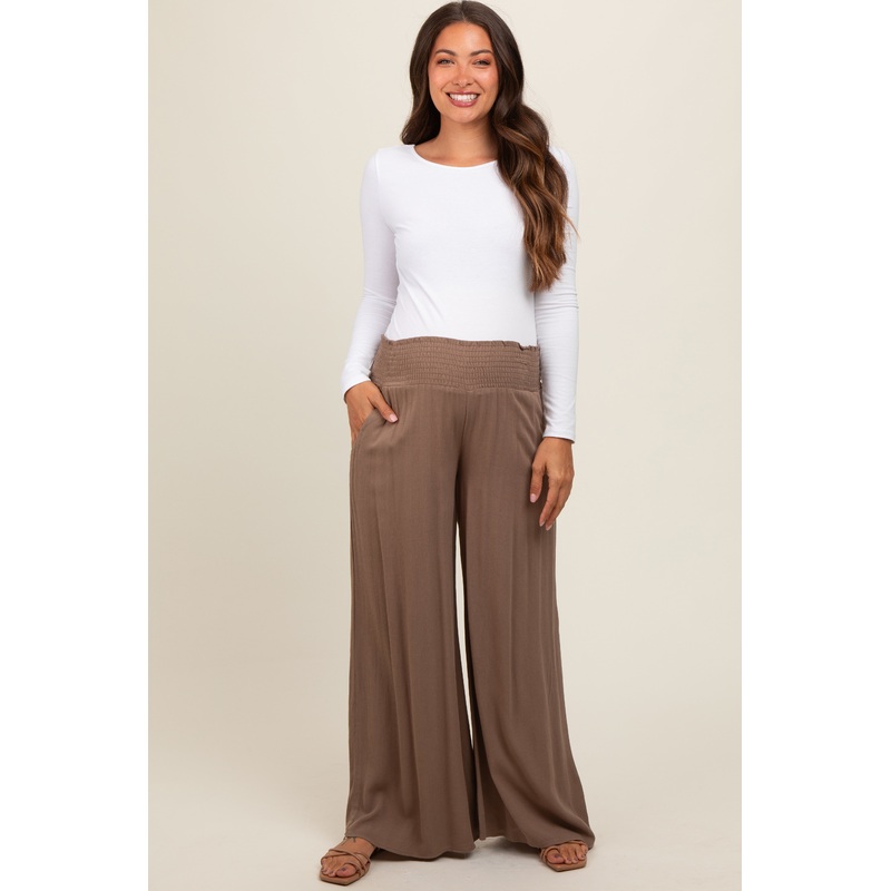 Mocha Wide Smock Waist Maternity Pants