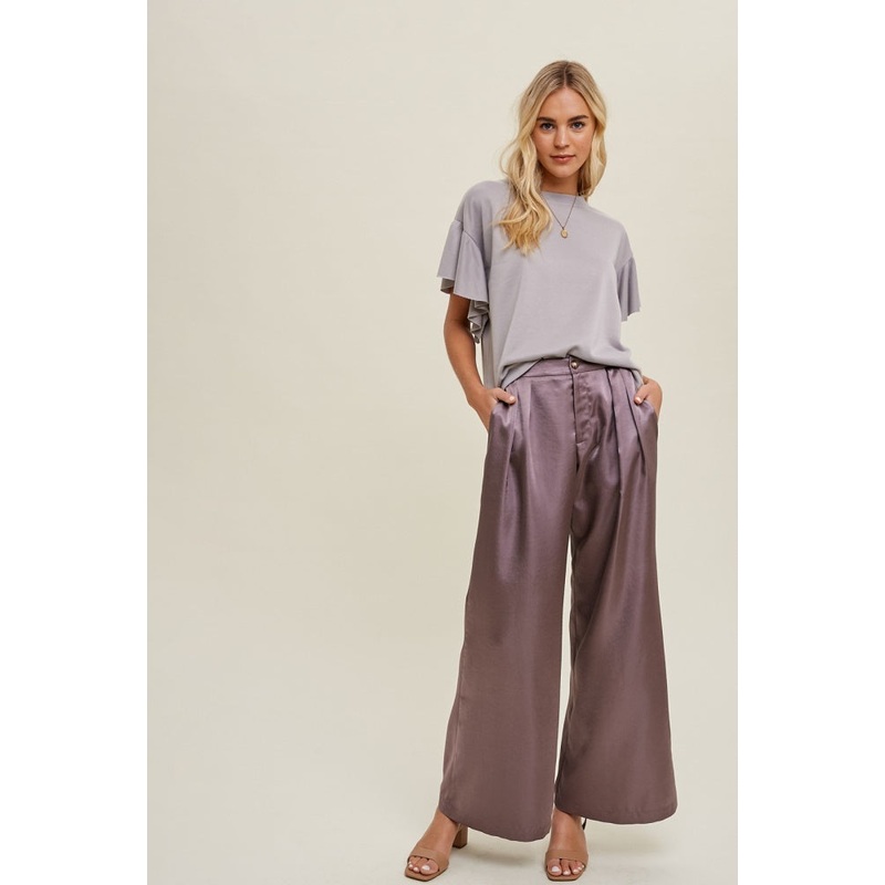 Purple Satin Wide-Leg Pants With Pleated Detail