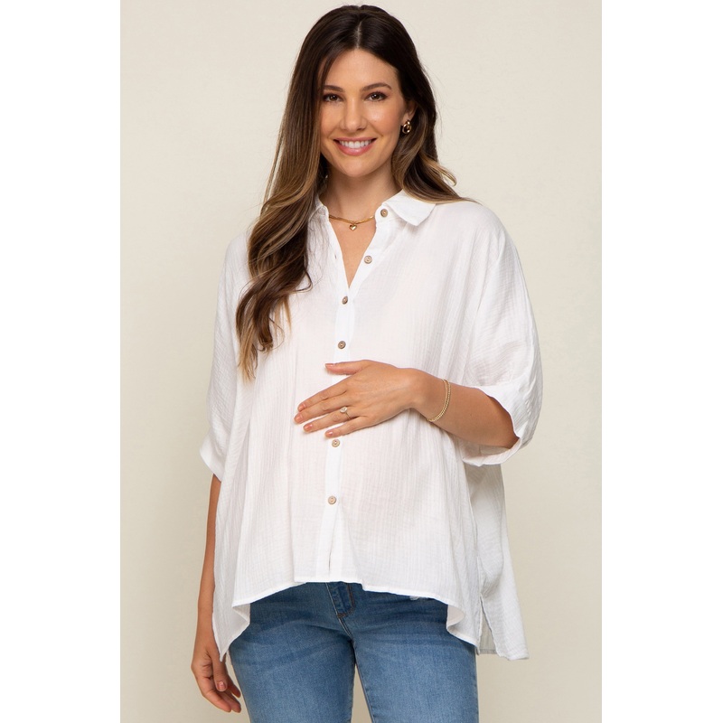 White Button Down Collared Maternity Top