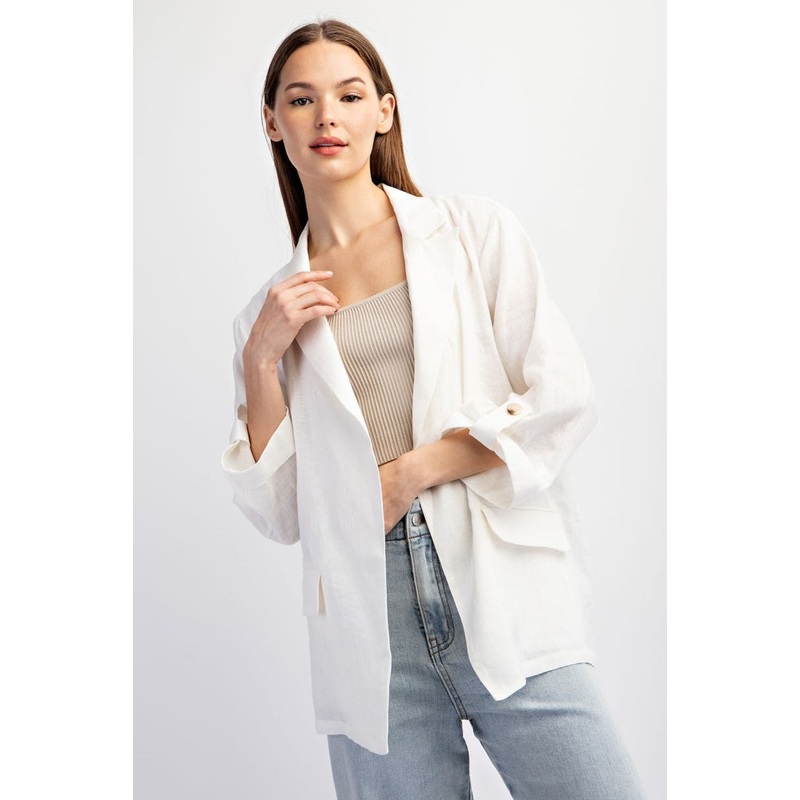 White Linen Rolled Cuff Blazer