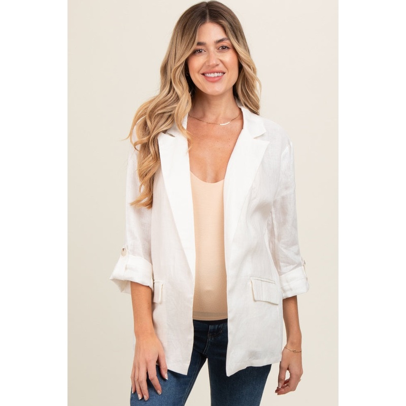 White Linen Rolled Cuff Maternity Blazer