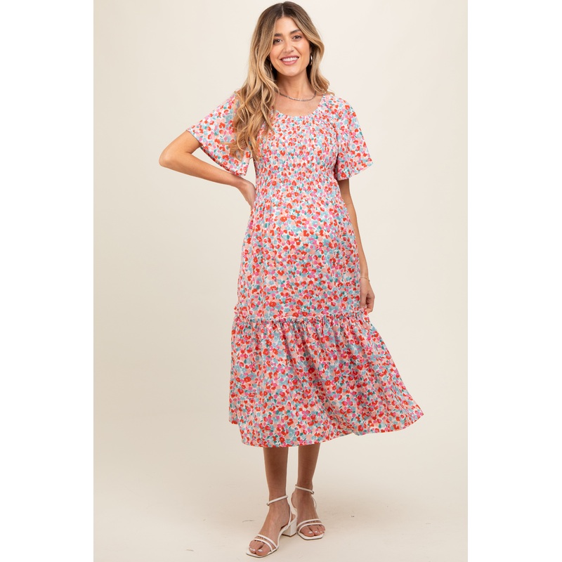 White Multicolor Floral Smocked Maternity Midi Dress
