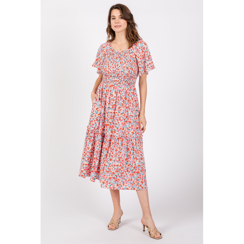 White Multicolor Floral Smocked Midi Dress