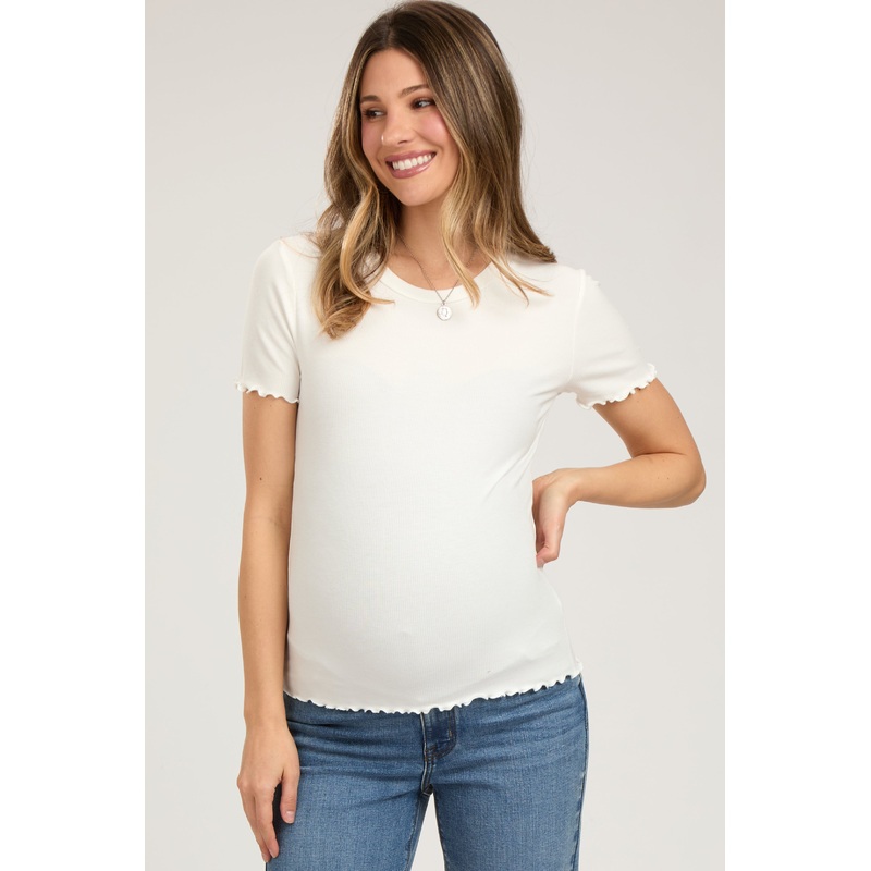 White Ribbed Fitted Lettuce Trim Maternity Top