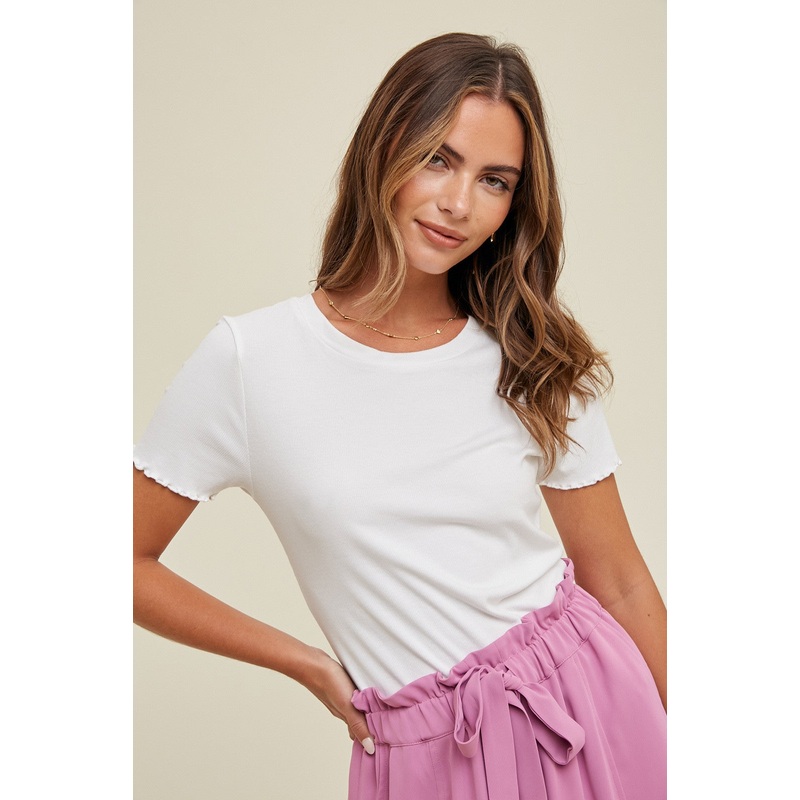 White Ribbed Fitted Lettuce Trim Top