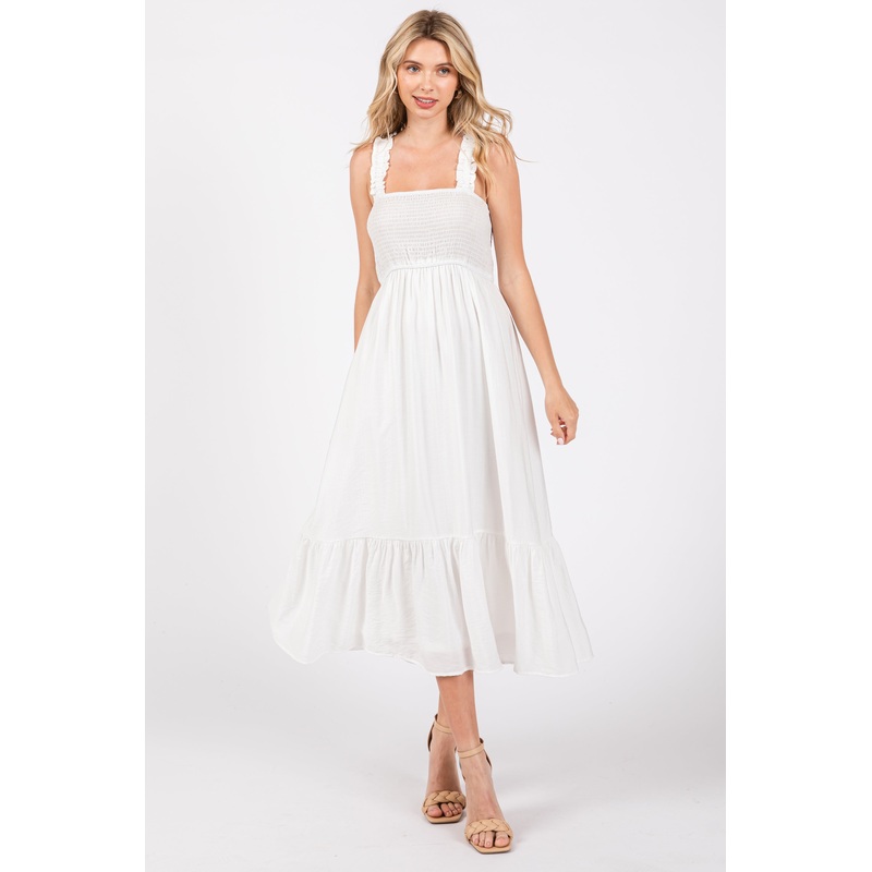 White Smocked Bodice Maxi Dress