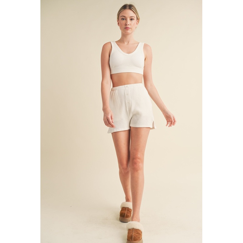White Waffle Lounge Bra And Shorts Set
