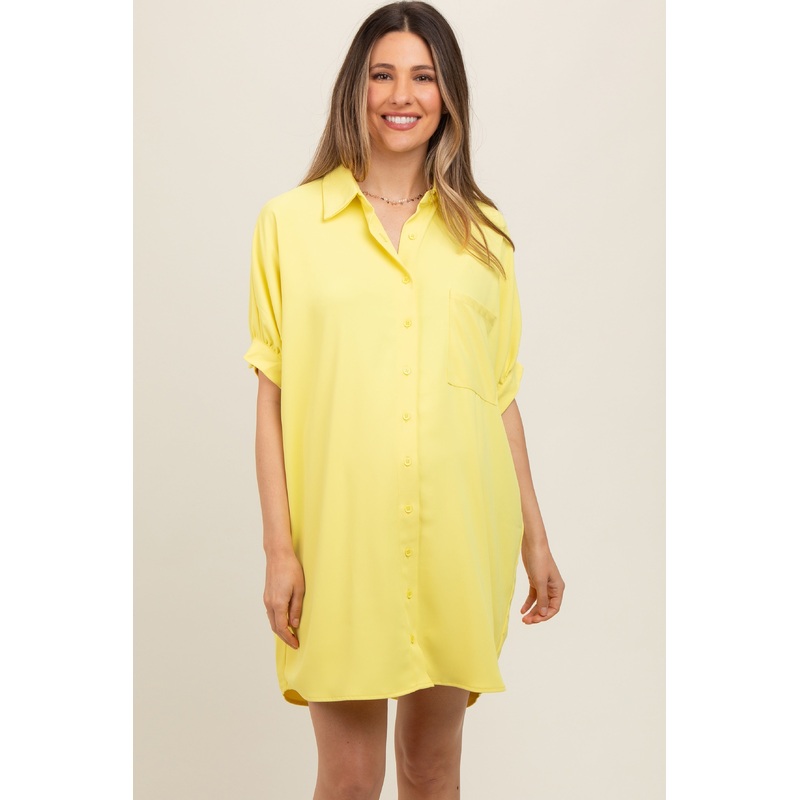Yellow Collared Button Down Maternity Shirt Dress