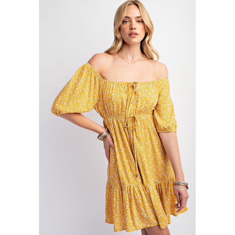 Yellow Floral Button Front Drawstring Waist Ruffle Dress