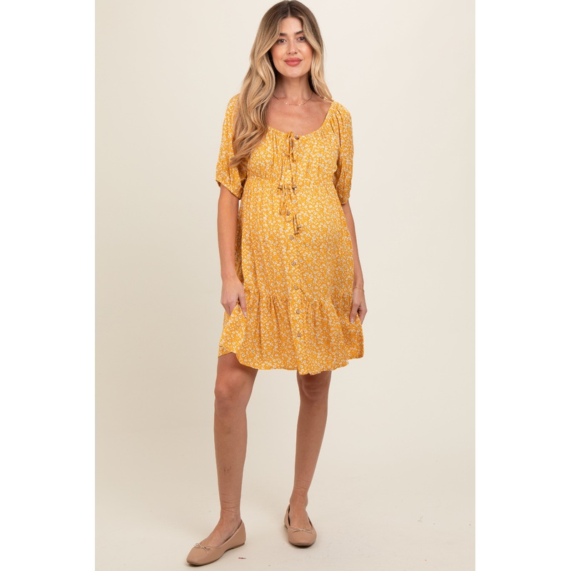 Yellow Floral Button Front Drawstring Waist Ruffle Maternity Dress