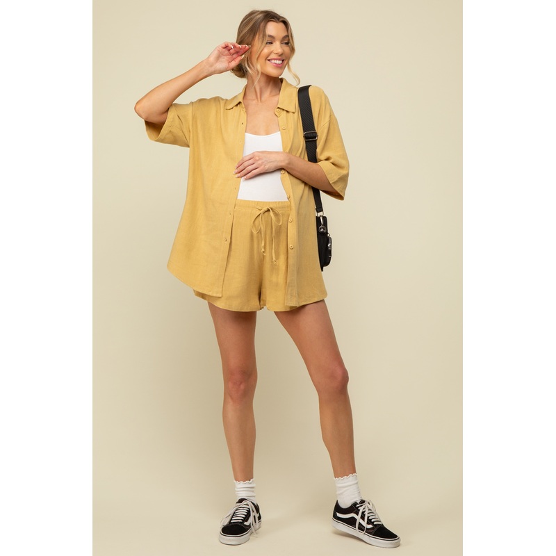 Yellow Linen Blend Short Sleeve Maternity Short Set