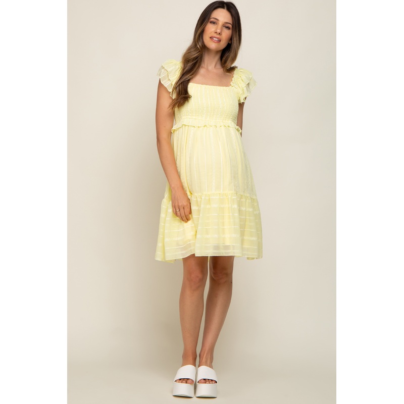 Yellow Striped Trim Layered Flounce Sleeve Maternity Dress