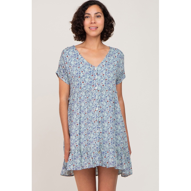 Aqua Floral Button Front Ruffle Hem Dress