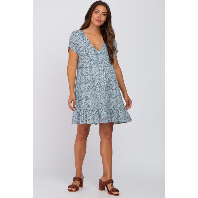 Aqua Floral Button Front Ruffle Hem Maternity Dress