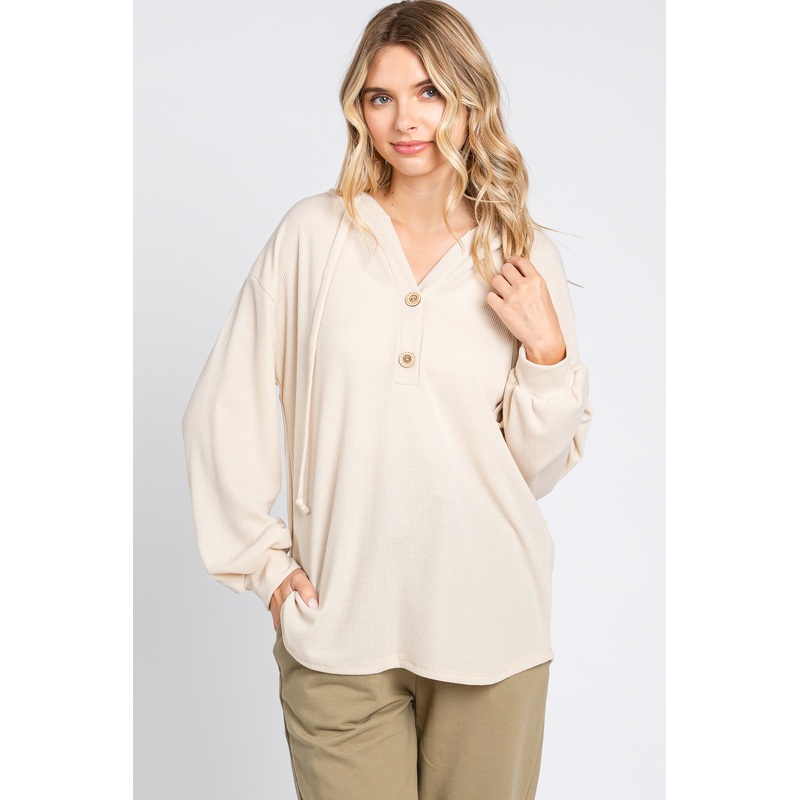 Beige Button Accent Hooded Henley Top