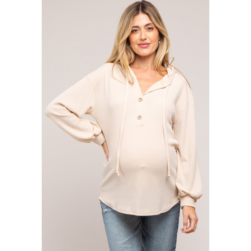 Beige Button Accent Hooded Maternity Henley Top