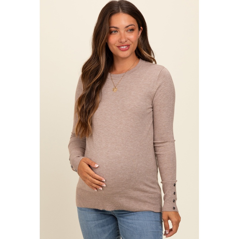 Beige Button Detail Cuff Maternity Sweater