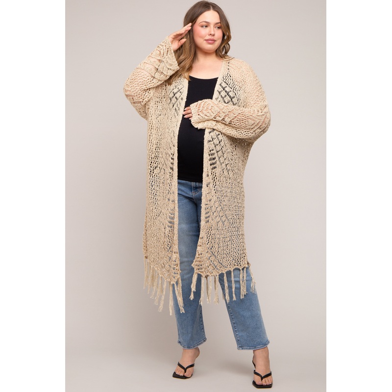 Beige Crochet Fringe Hem Maternity Plus Cardigan
