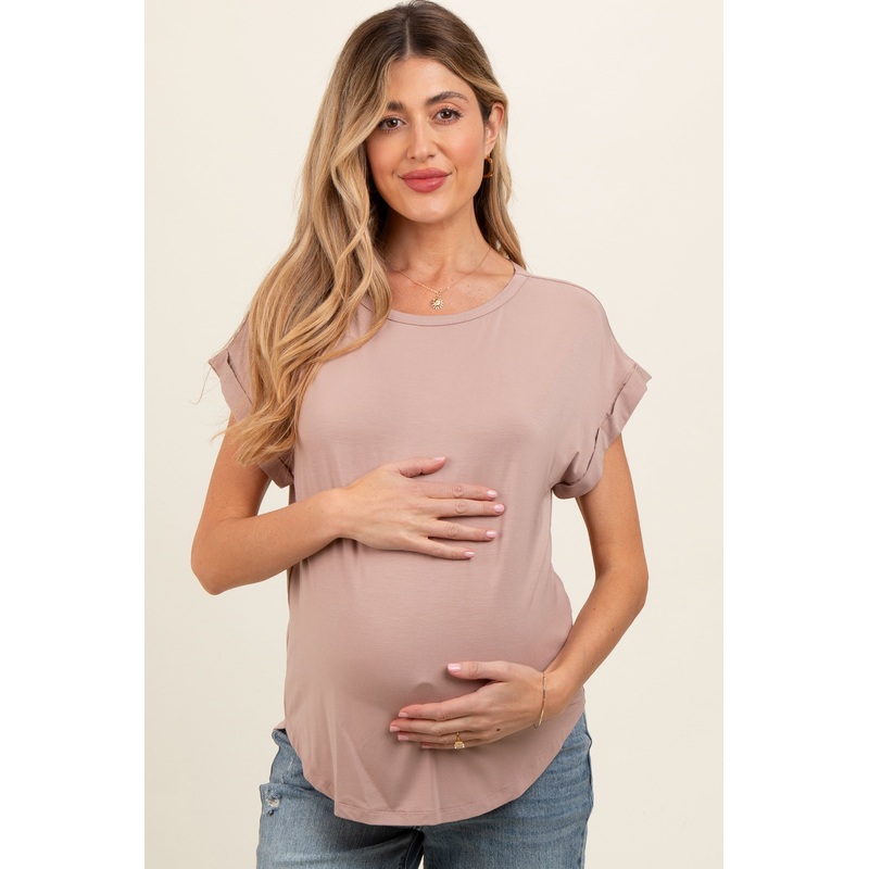 Beige Rolled Cuff Sleeve Maternity Top