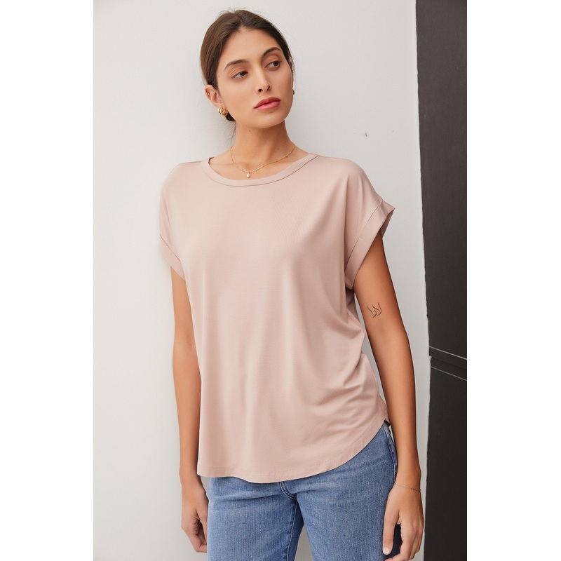 Beige Rolled Cuff Sleeve Top