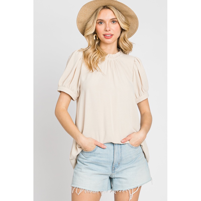 Beige Ruffle Mock Neck Blouse Top
