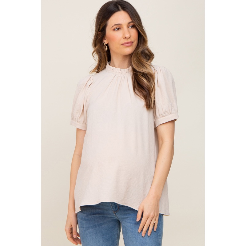 Beige Ruffle Mock Neck Maternity Blouse Top