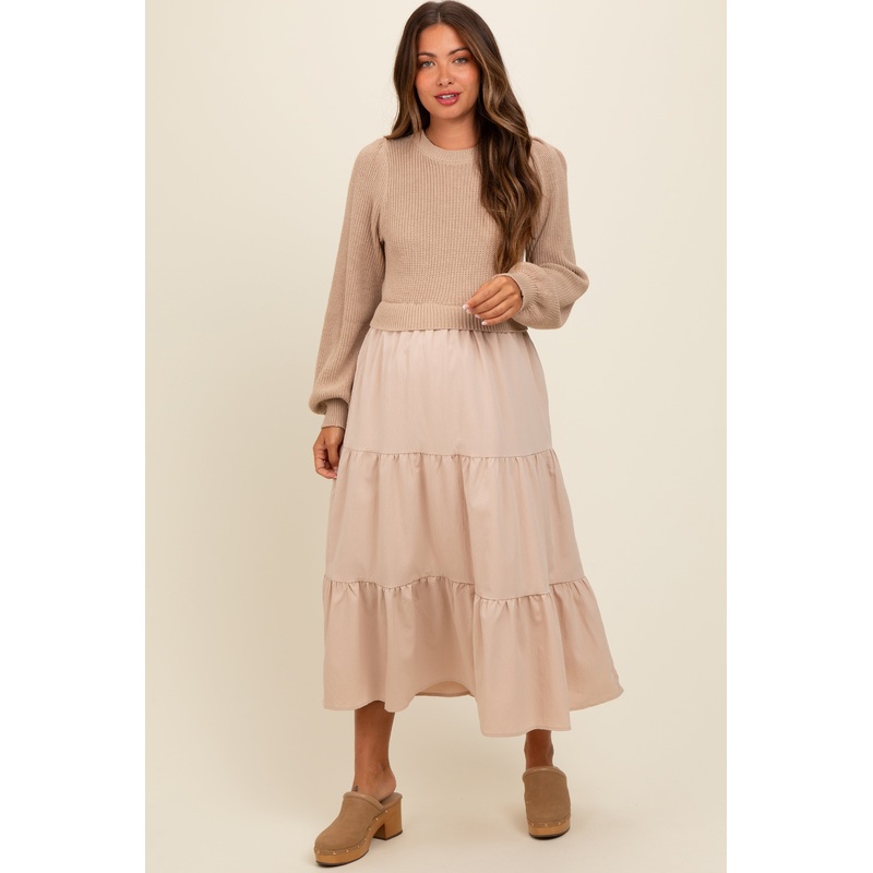 Beige Sweater Top Tiered Maternity Midi Dress