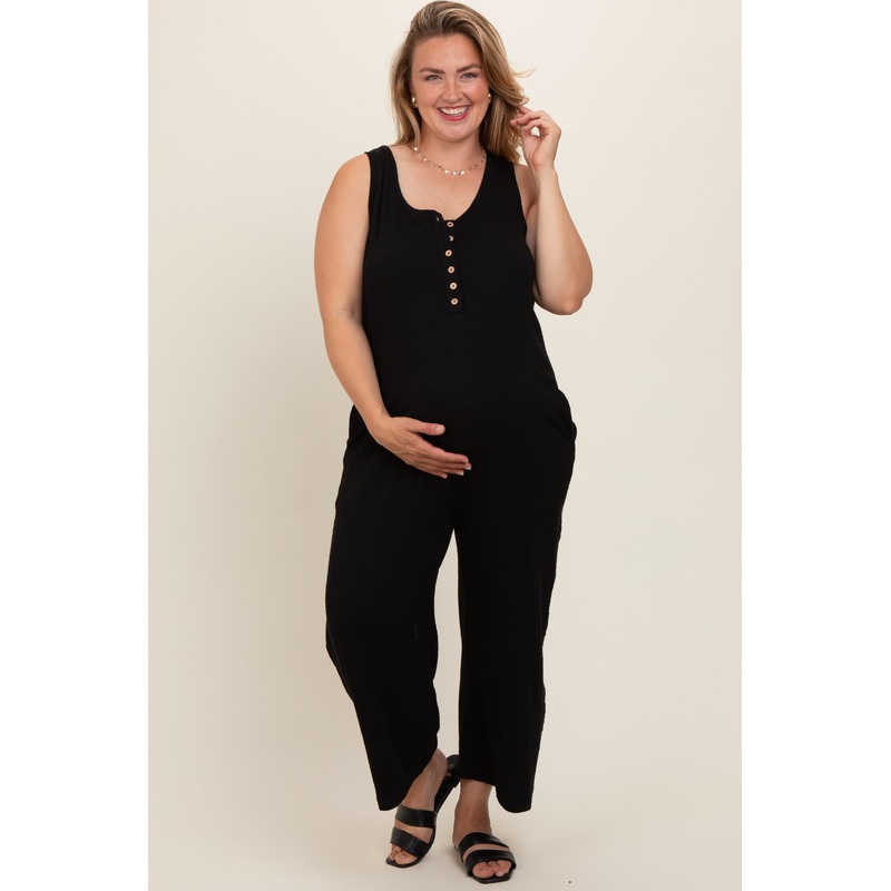 Black Ribbed Button Front Sleeveless Plus Maternity Jumpsuit